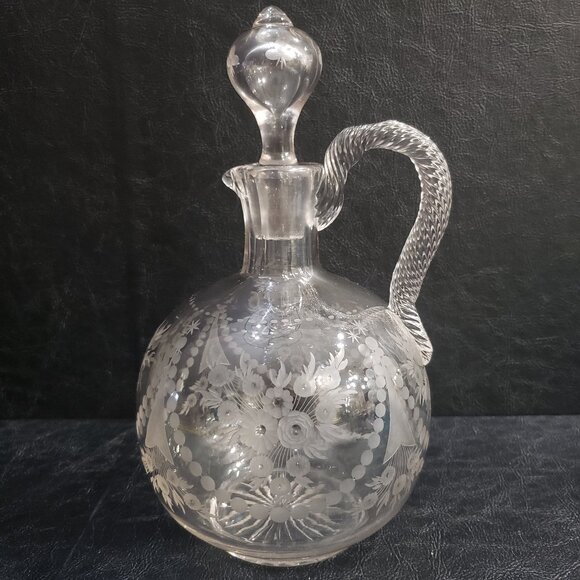 Victorian Hand Blown Decanter With Floral Bouquet And Twisted Rope Handle - Picture 1 of 10